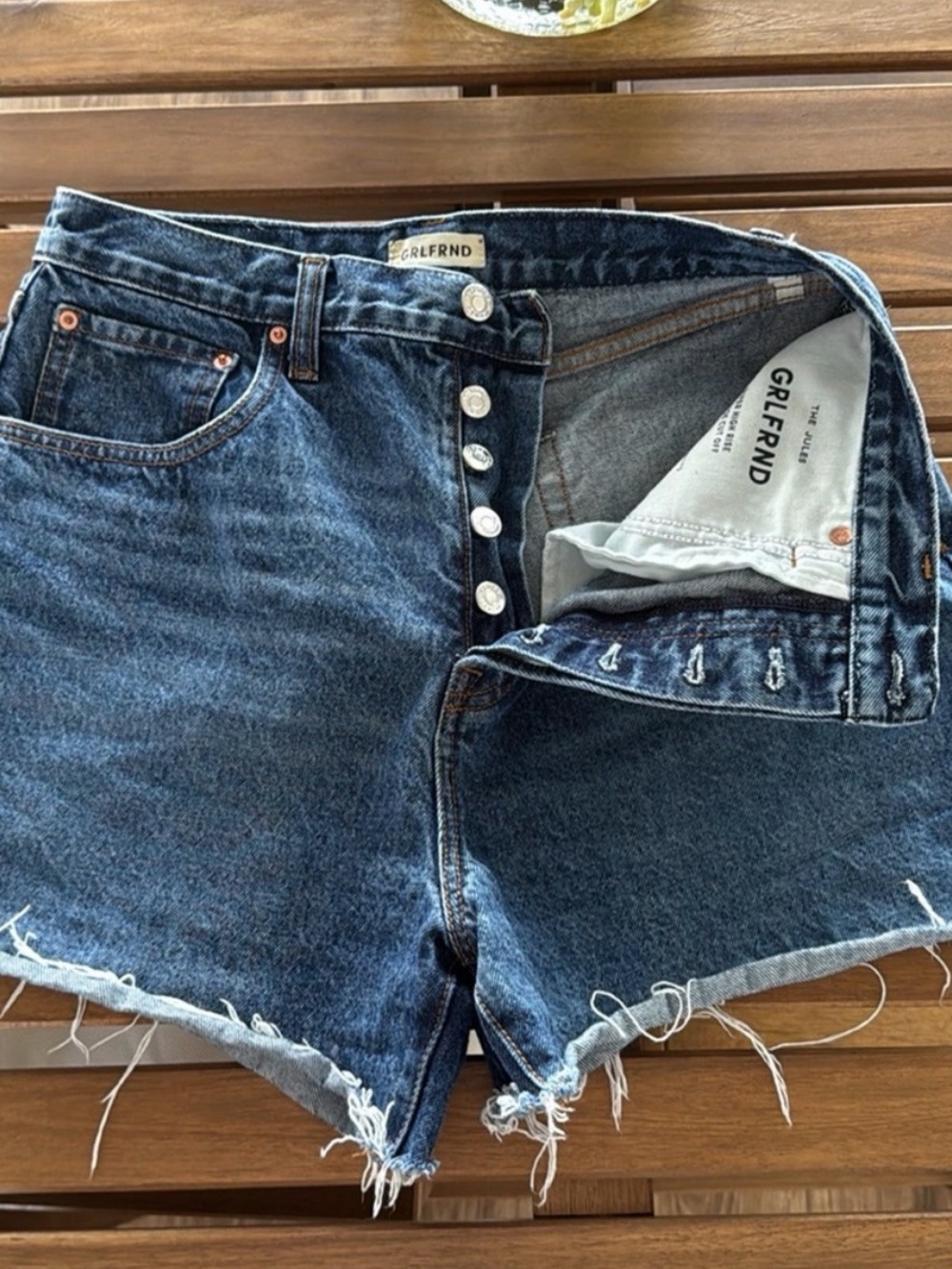 GRLFRND Dark Blue High-Rise Distressed Denim Jean Shorts
